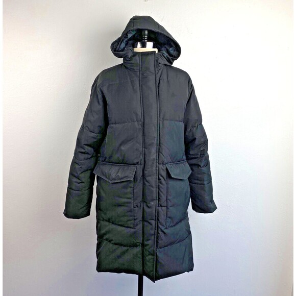 Everlane ReNew Woman Long Puffer Coat Jacket Black Small Primaloft Zip Snap Hood - Picture 1 of 16